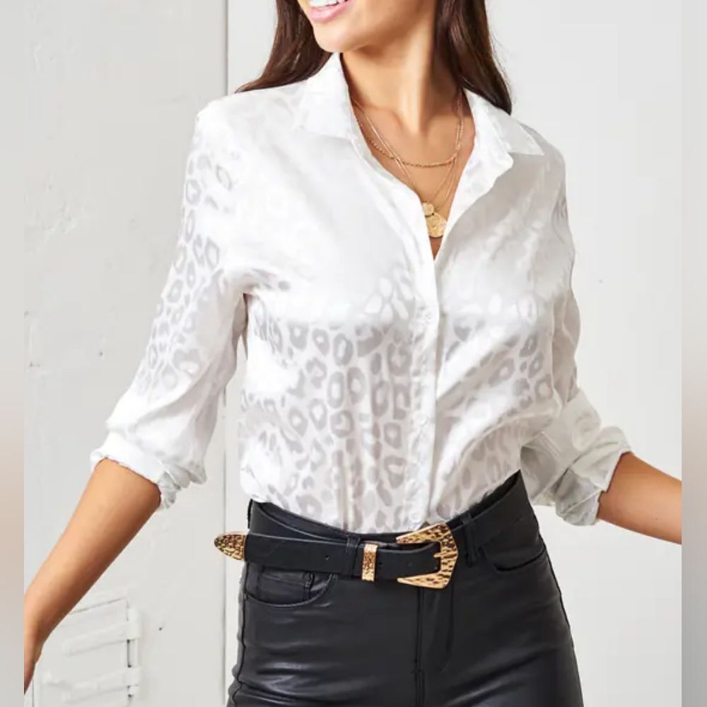Ivory Animal Print Blouse Jaquard Embossed Satin Semi Sheer Cream Size Small